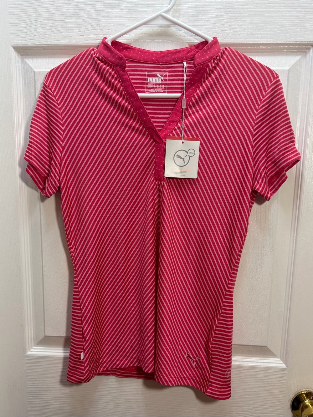 Puma Pink and White Diagonal Stripe Performance Polo